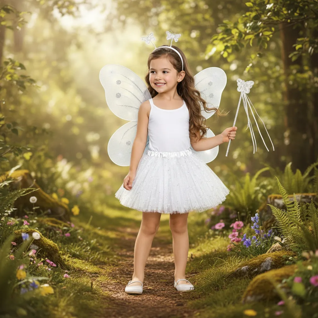 Fantasia Fada Borboleta Asas E Saia C/ Led + Tiara + Varinha Branco Único - Imagem 2