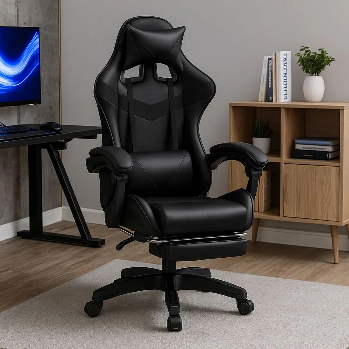Cadeira de Escritório Gamer Nitro Ergonômica Estofado Couro Sintético Reclinável Altura Ajustável Apoio para Pés
