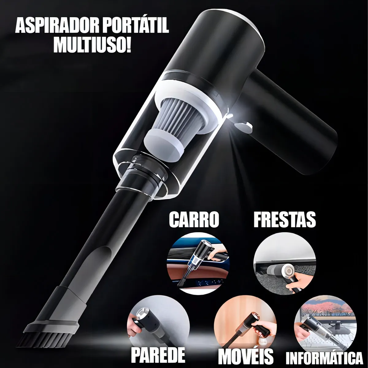 Aspirador de pó portátil TurboClean sendo utilizado para limpeza automotiva