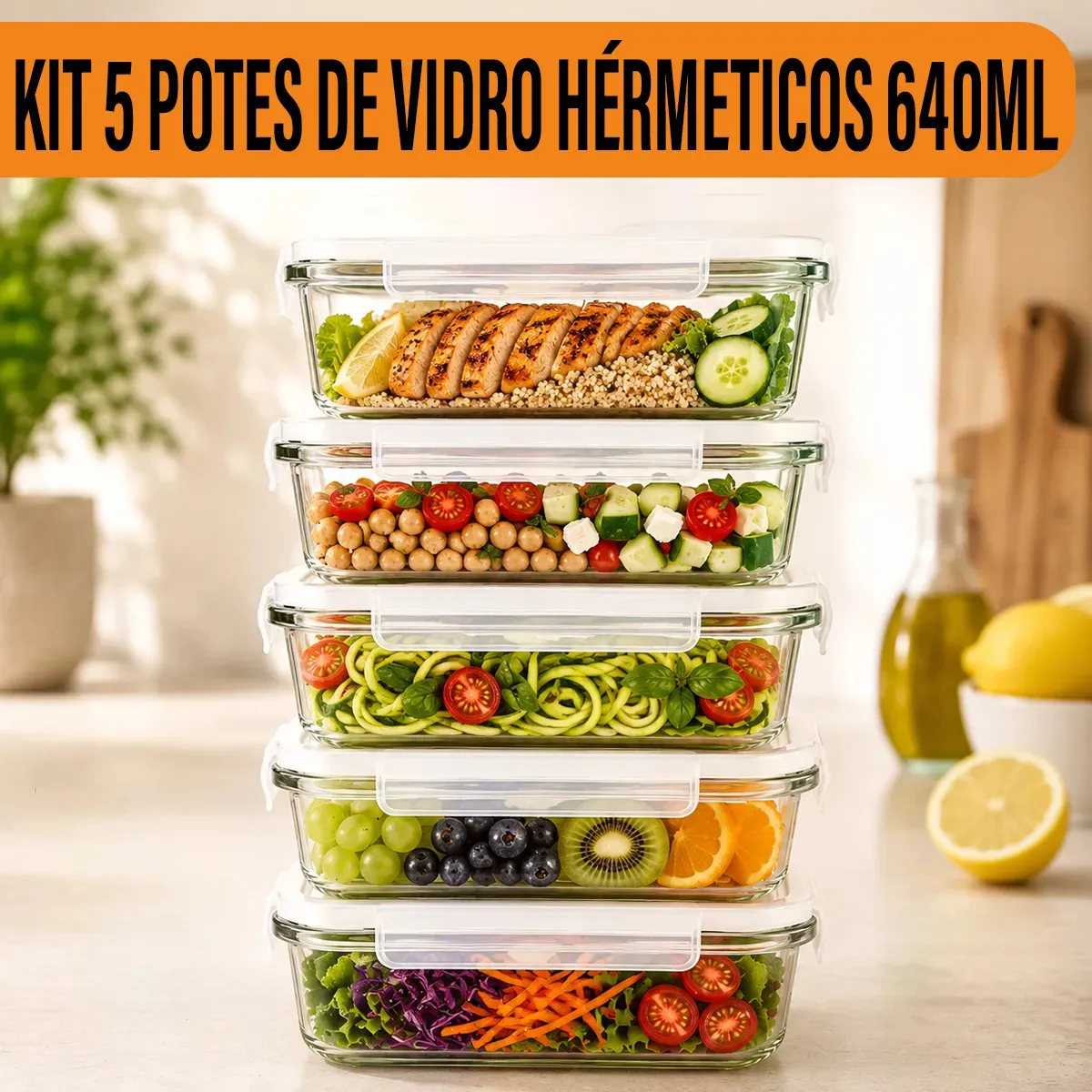 Yab - Kit 5 Potes De Vidro Marmita C/ Tampa Hermético 640ml Retangular 4 Travas Borossilicato Alimentos Micro-ondas Freezer Geladeira