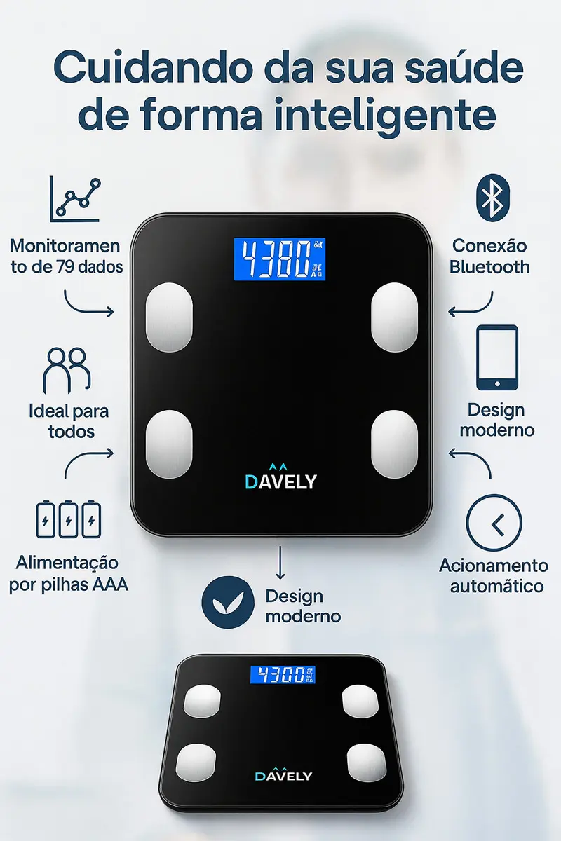 Balança Digital Bioimpedância Bluetooth Corporal Aparelho Alta Capacidade Balança De Banheiro Academia App Para Android E Para Ios Cor Preto Marca Davely — foto 3