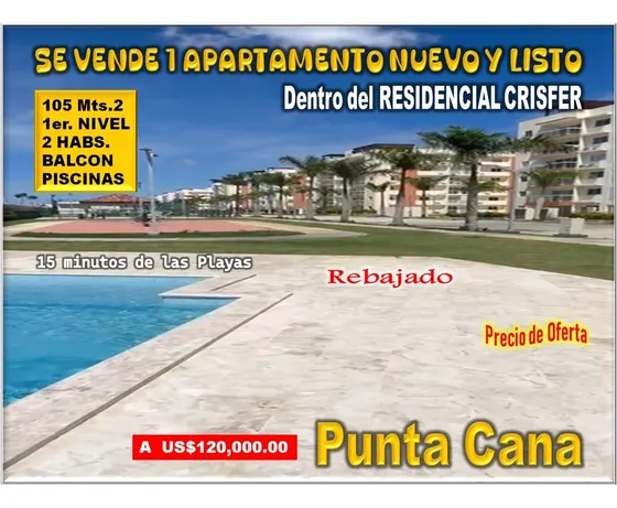 Vendo Apto 2 Habs. En Punta Cana, Complejo Exclusivo  Crisfer, 1er. Nivel