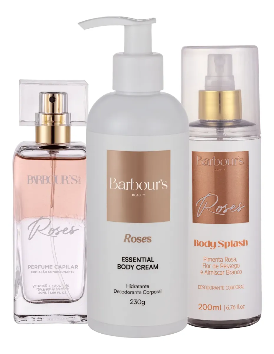 Kit Body Splash Hidratante Corporal Perfume Capilar Roses Barbour's Beauty