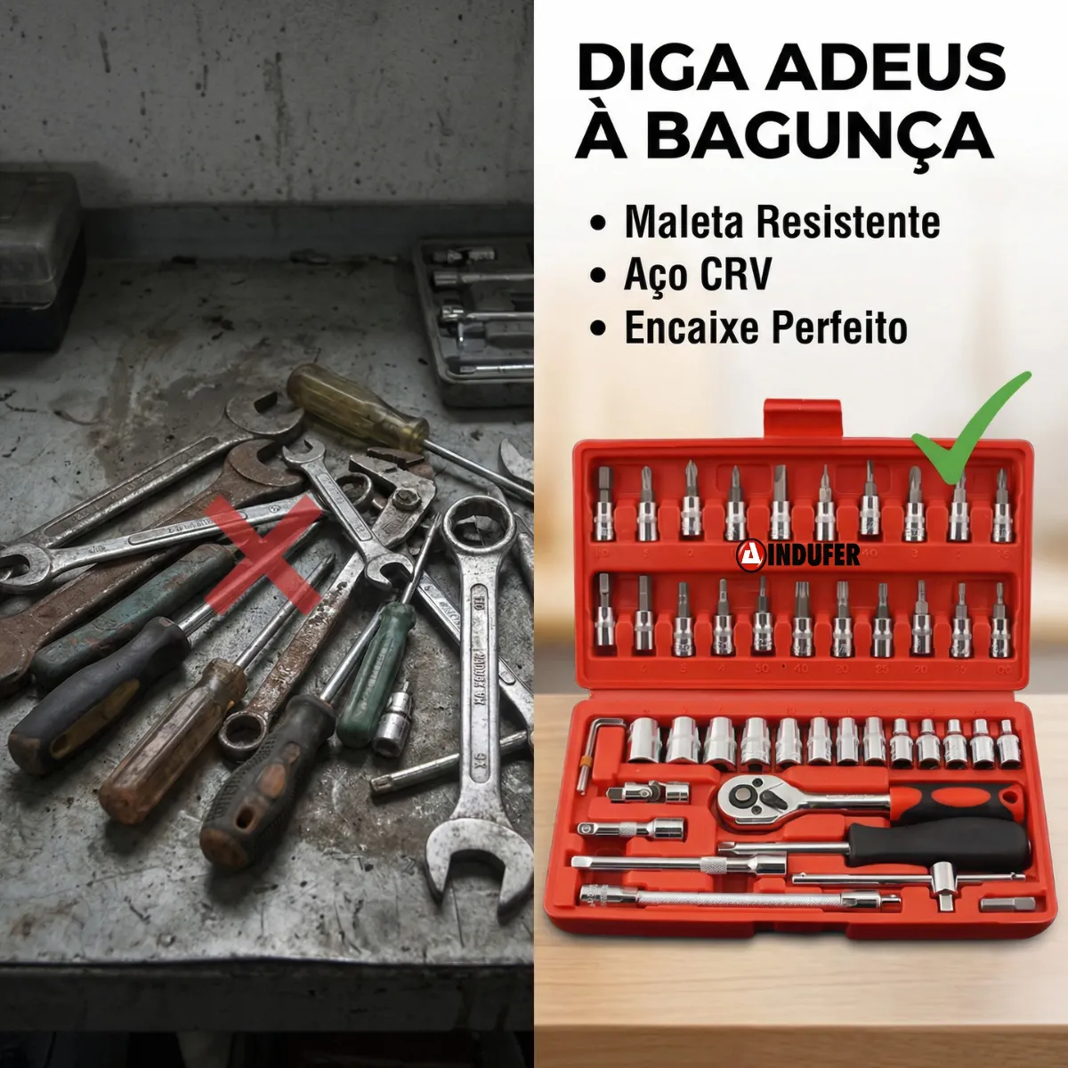 Kit Jogo De Chave Catraca Soquete 46 Peças Combo Jogo Ferramentas Profissional Chave Fenda Philips Soquete 1/4 Em Aço CRV Resistente Completo Para Manutenção Carro Moto Casa Marca Indufer - Imagem 3
