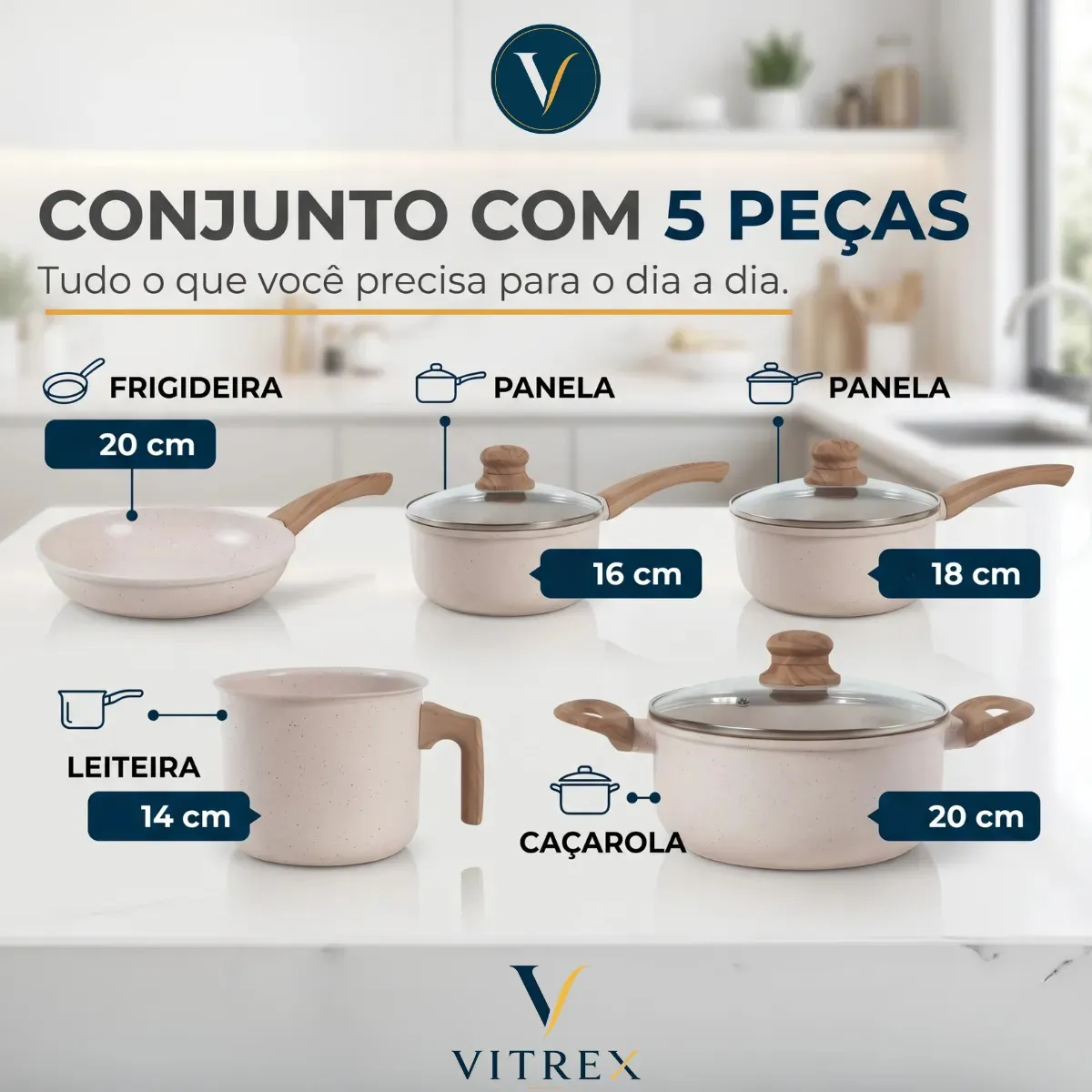 Jogo de Panelas Cerâmico Vitrex Ecoglid 5 Peças Cor Baunilha — foto 4