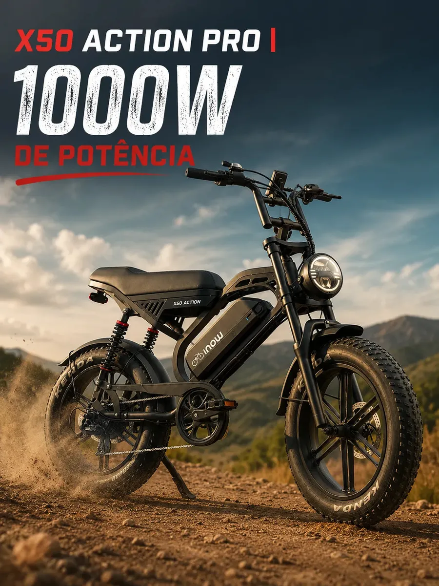 Bicicleta elétrica Inow X50 Action Pro em trilha de terra com texto informativo de 1000W
