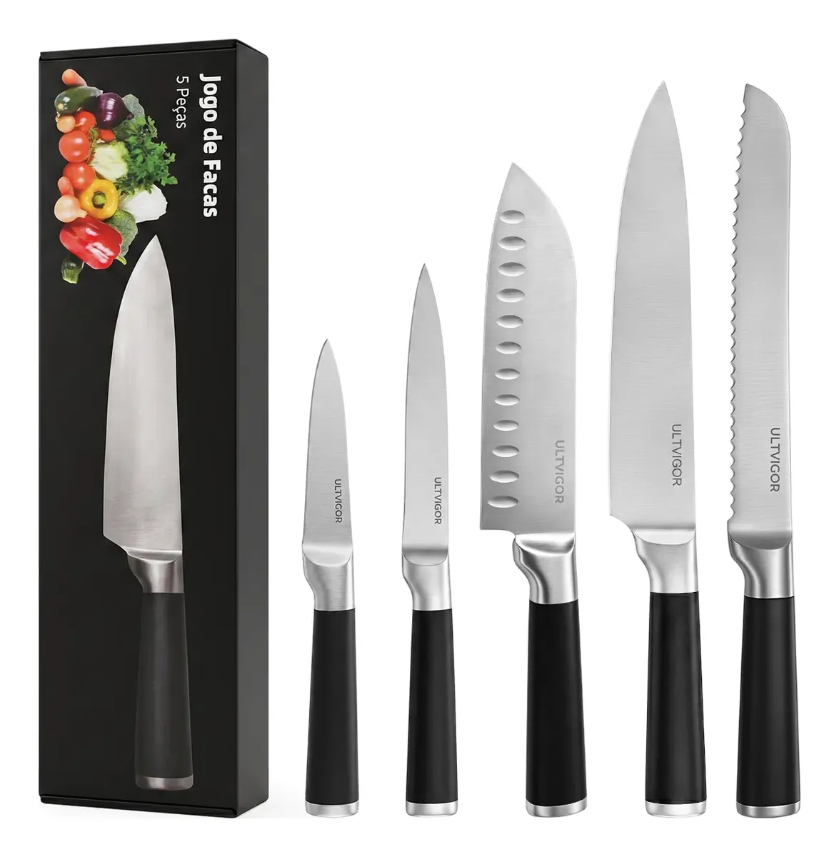 Conjunto De Facas Profissional Cozinha Premium Inox 5 Peças