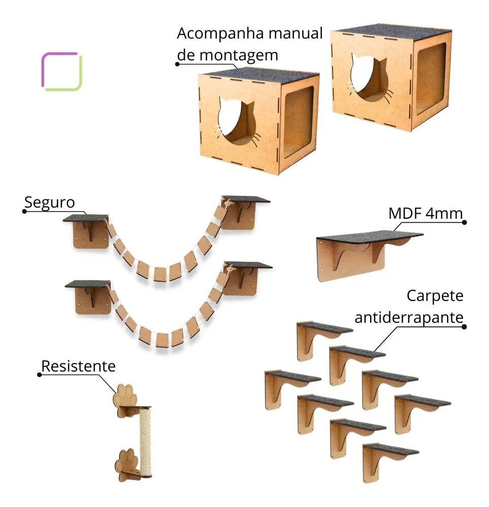 Playground Interativo para Gatos 15 Peças MDF Sisal Box Fan - Imagem 3