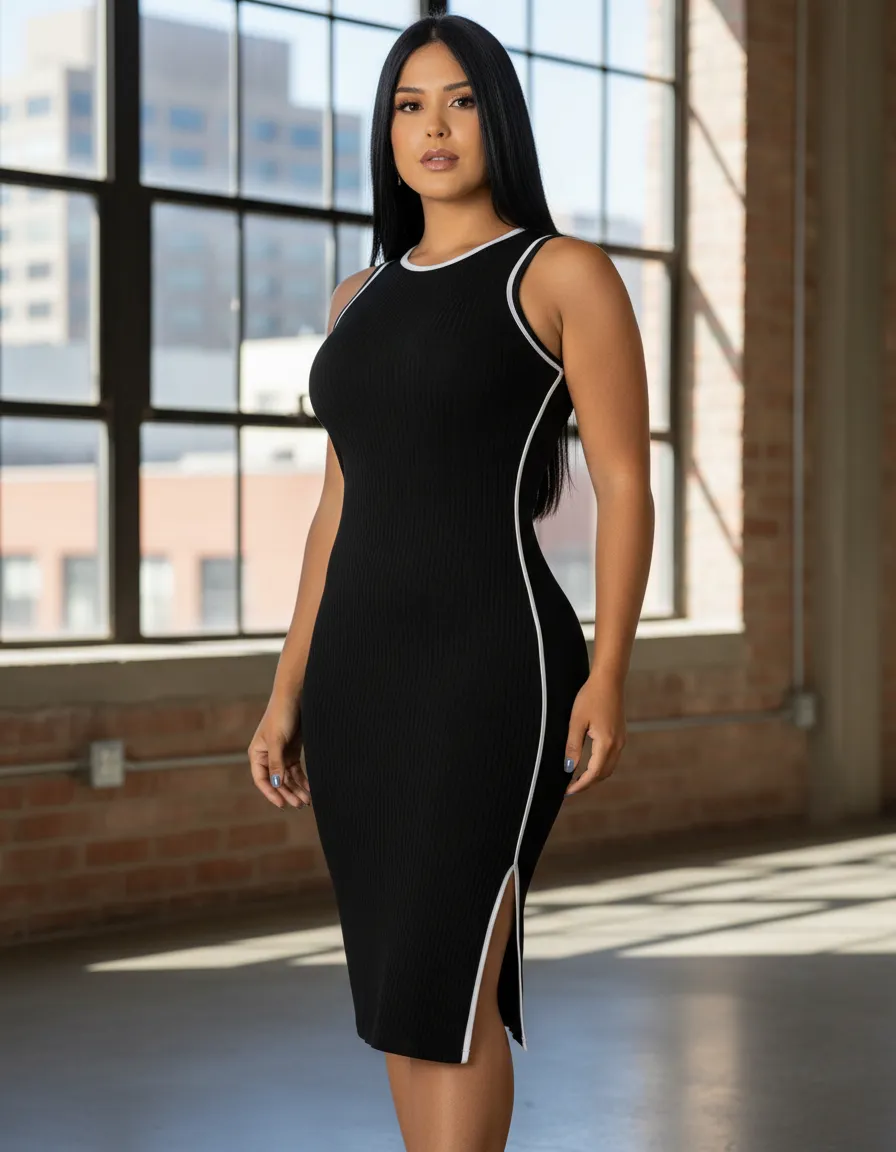 Vestido midi canelado preto com detalhes laterais