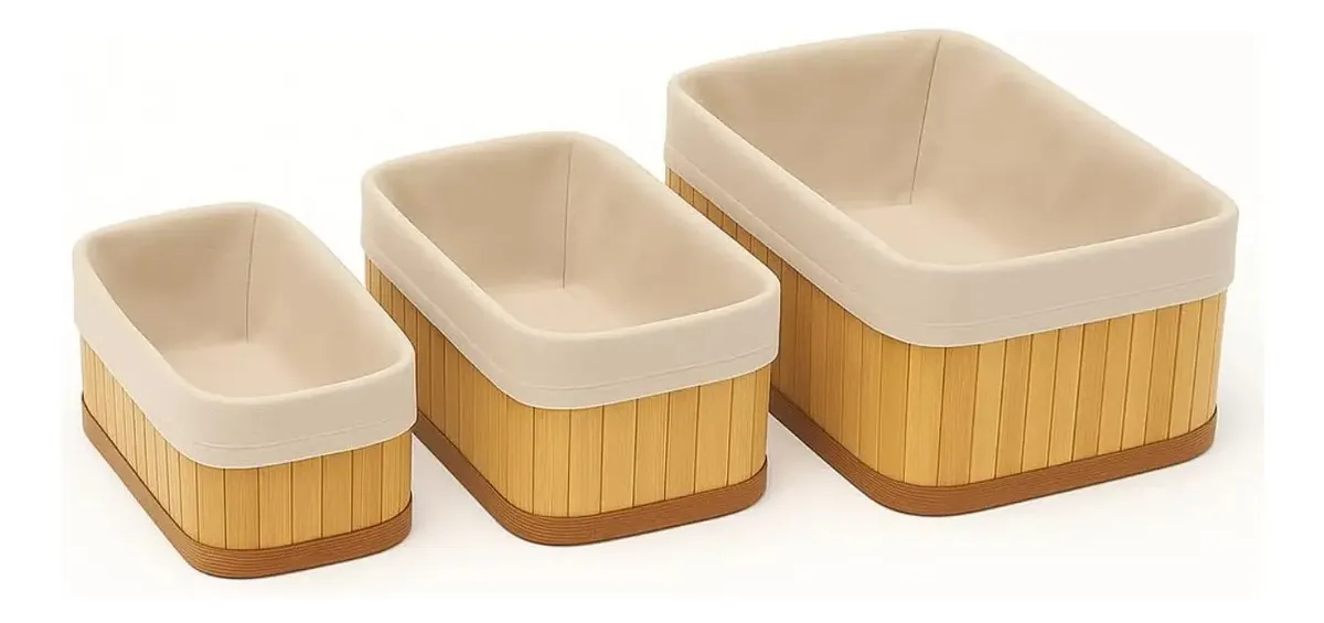 Conjunto 3 Cestos Rústico Decorativos Organizador Multiuso Natural Em Bambu Bege