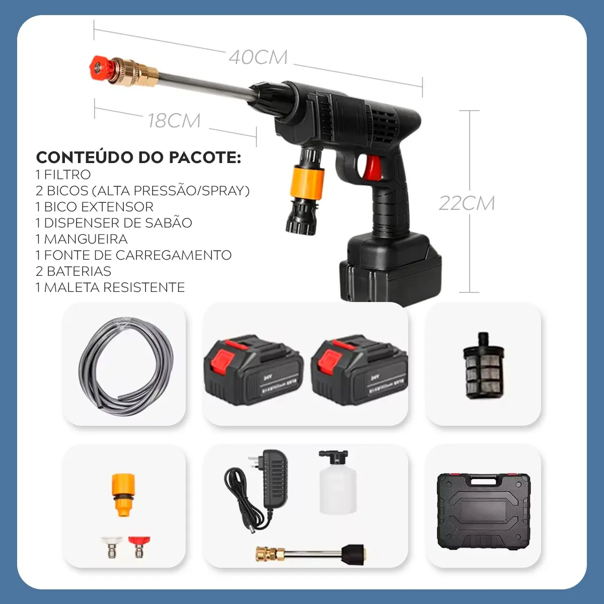 Lava-Jato Portátil MyMotors com acessórios, mangueira, bicos e maleta resistente