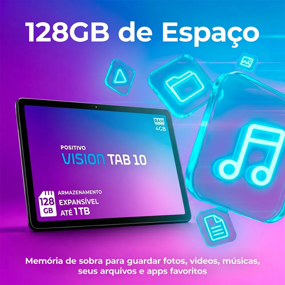 Representação visual dos 128GB de espaço do tablet Positivo Vision Tab10 com ícones de arquivos