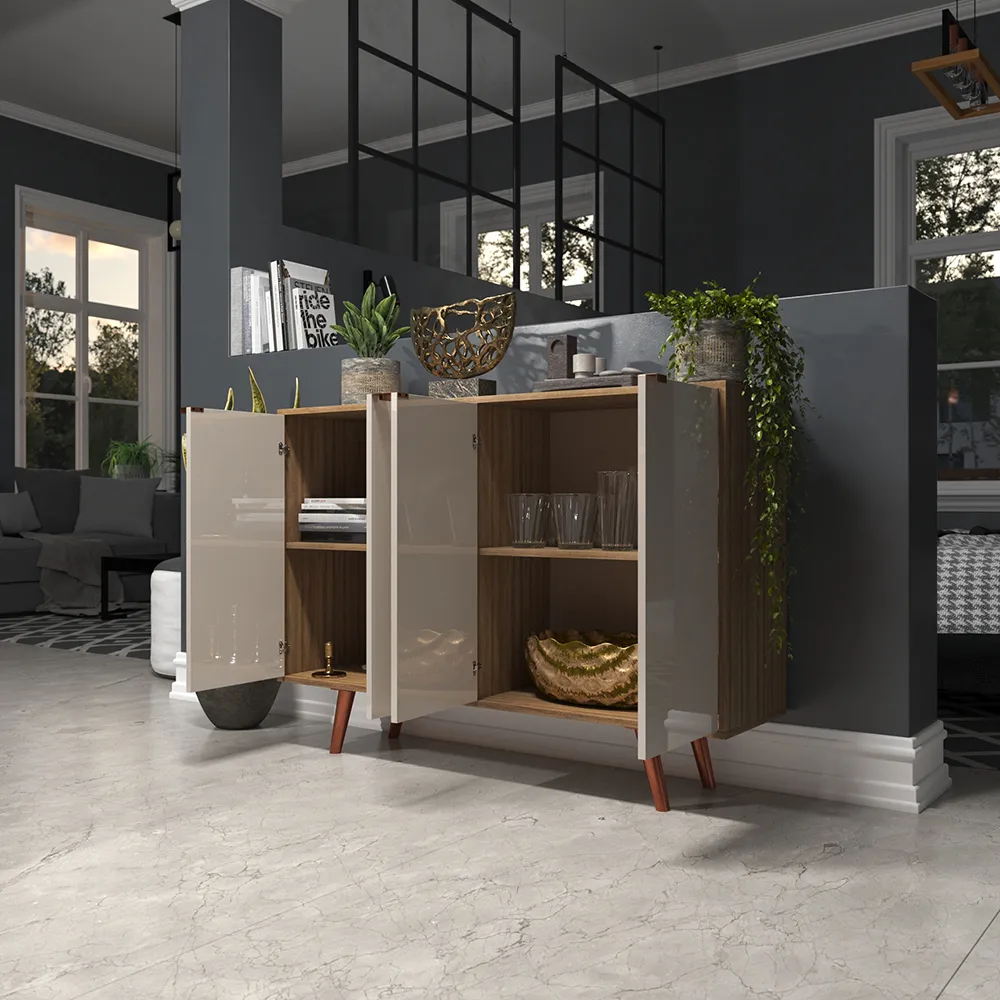 Buffet Aparador 4 Portas Off White Com Madeira Freijó Design Industrial Moderno E Sofisticado Para Sala De Jantar, Estar Ou Cantinho Do Café - Imagem 3