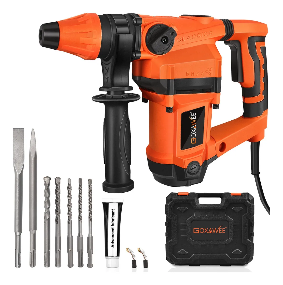 Goxawee® potente Profesional Duradero Taladro Rotomartillo Cincelador Demoledor Rompedor Concreto G5361 Sds Plus 2200w Naranja 930rpm 5300bpm Con Cinceles