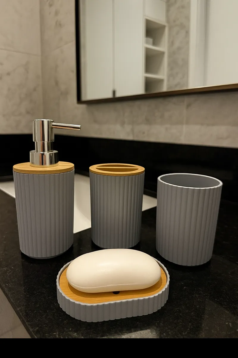Banheiro Lavabo Kit 4 Peças Organizador Bambu Decorativo - Imagem 2