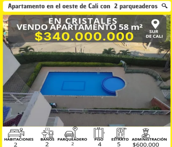 En Cristales. Sur De Cali. Vendo Apartamento 58m².