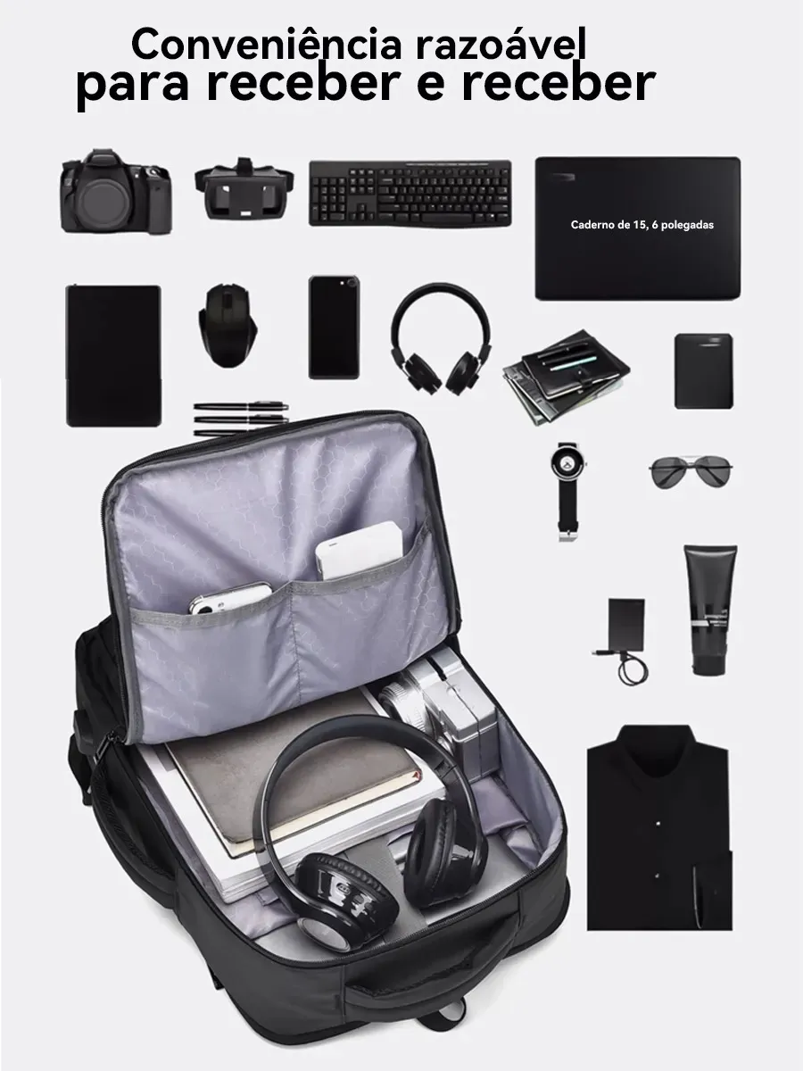 Mochila Executiva Porta Notebook Impermeável, Expansível 5cm, Saída USB, Alça para Fixar em Malas, Alças Acolchoadas, Multicompartimentos, Ideal para Trabalho, Viagens e Faculdade, Design Elegante Uni