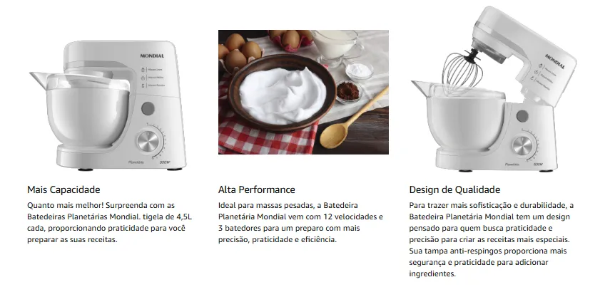 Batedeira Planetária Mondial 700W BP-03-W - Imagem 2