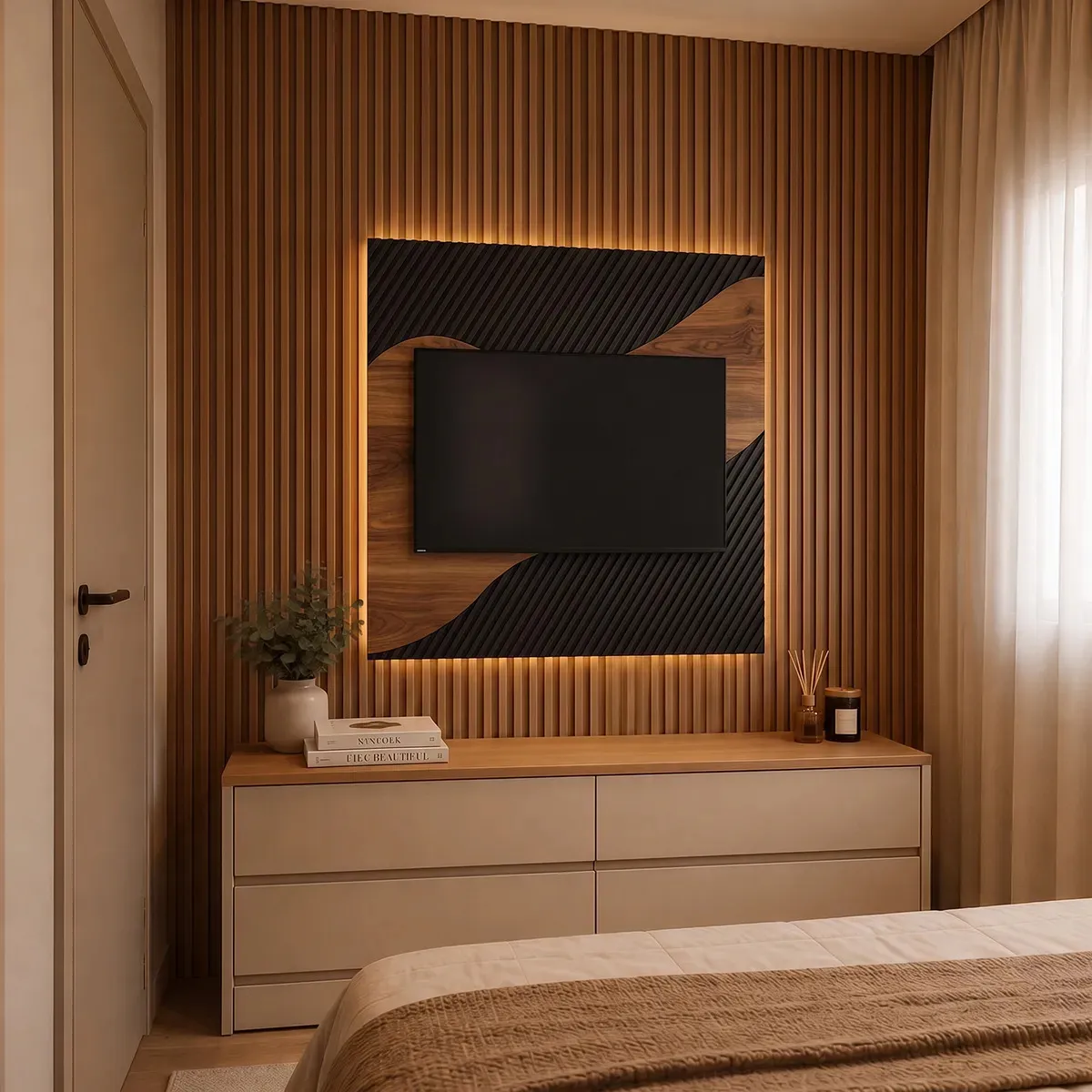 Painel de TV Moderno Ripado Preto e Amadeirado Design Orgânico para Sala de Estar Decoração Contemporânea