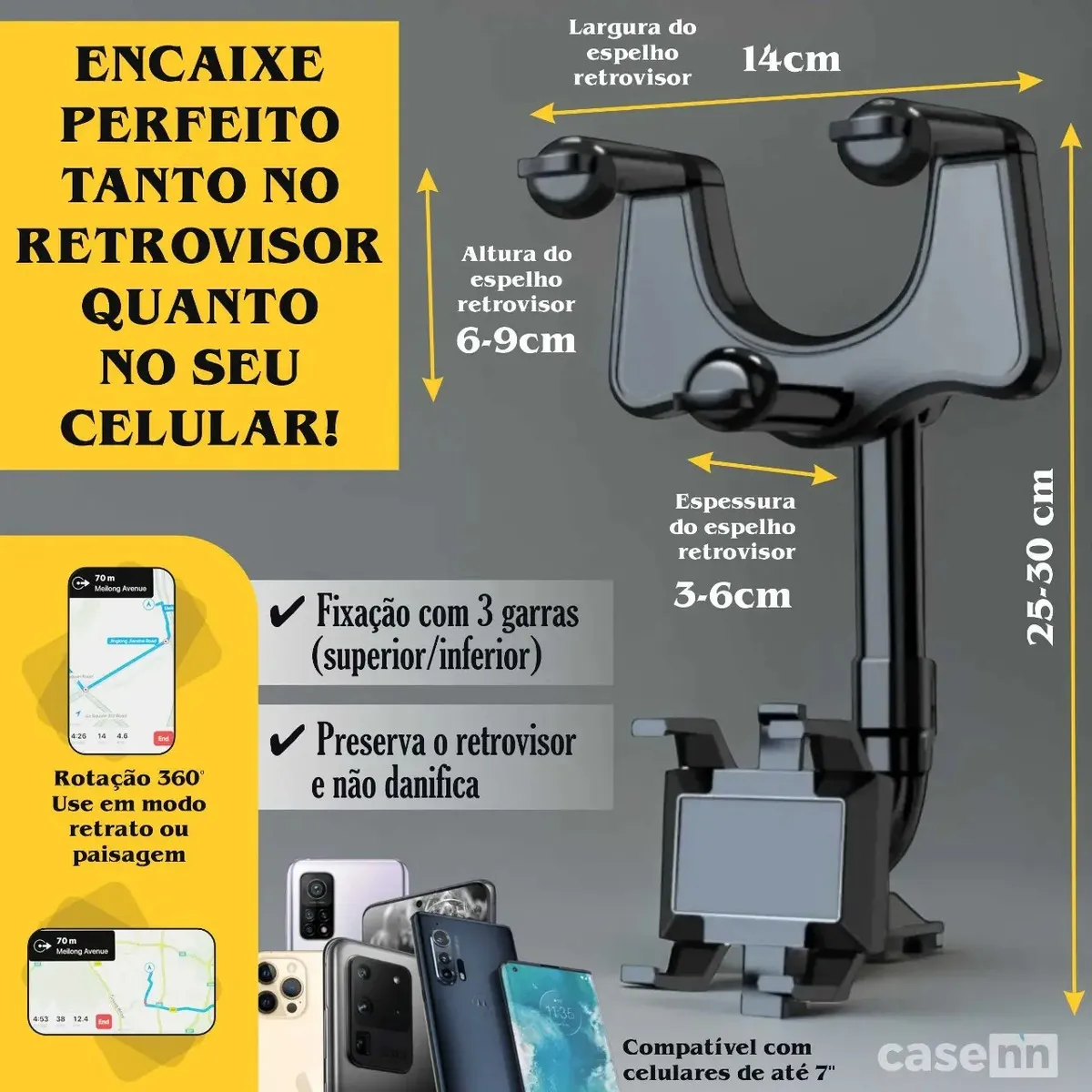 Suporte De Celular Retrovisor Para Carro Espelho Automotivo Interno 360º Anti Queda Retrátil Ajustável Para Gps Smartphone Encaixe Rápido E Fácil Apoio para Celular Casenn Preto - foto 5