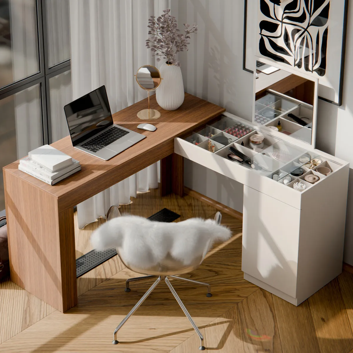 Penteadeira Escrivaninha de Canto Star com Espelho Freijó/Off White Mesa Multifuncional para Quarto e Escritório Moderna Elegante