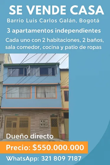Se Vende Casa Con 3 Apartamentos Independientes  Barrio Luis Carlos Galán, Bogotá