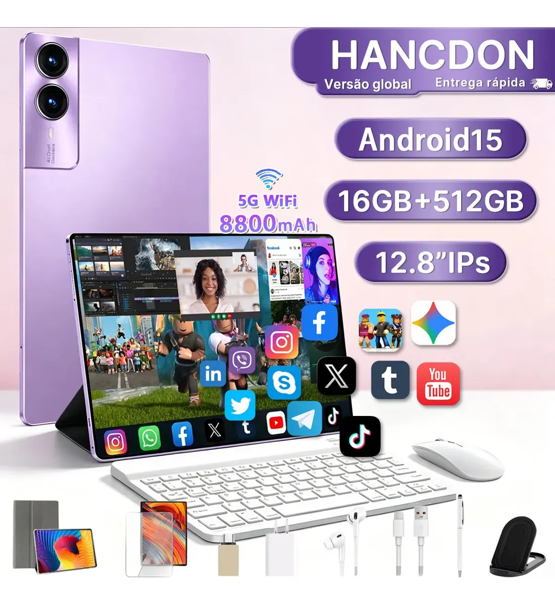 Tablet Android 15 Hancdon Tab Kit Completo Ram 16gb 512gb 12,8'' Hd Tela Apoia Wifi 2,4/4g/5g Dual Sim Bateria 8800mah... Lilás
