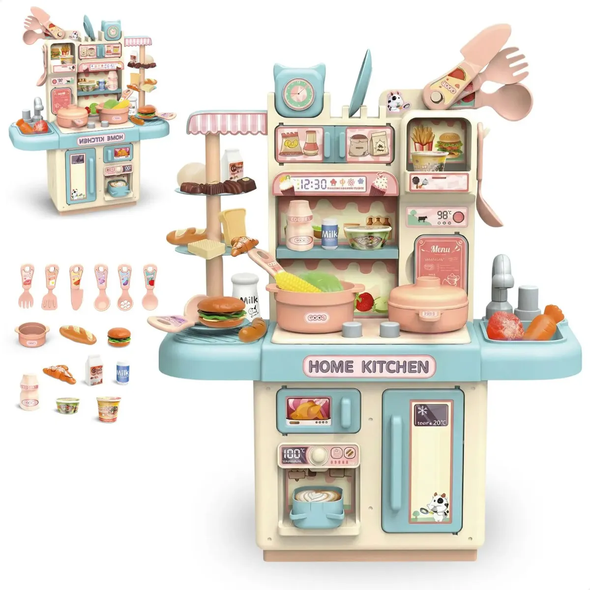 Cozinha Infantil Brinquedo Com Luz 33 Acessórios Sai Água Azul