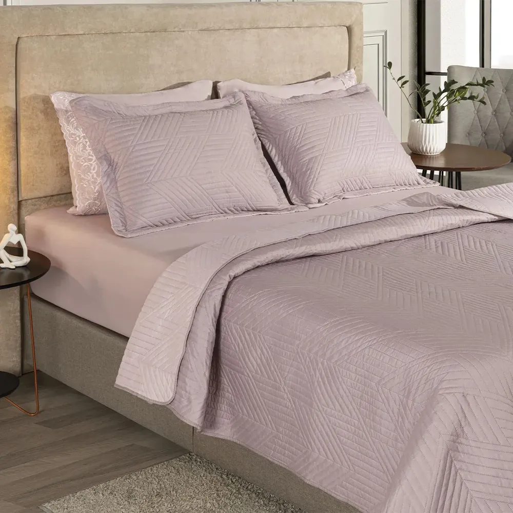 Kit Cobre Leito Colcha Casal 3 Peças Boutis Lisas Dupla Face Porta Travesseiro Aba Americana Oslo Rosé
