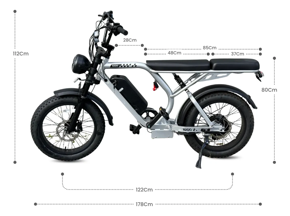 Bicicleta elétrica Nado K3 prateada com dimensões detalhadas em centímetros, incluindo comprimento total de 178cm e altura do guidão de 112cm.