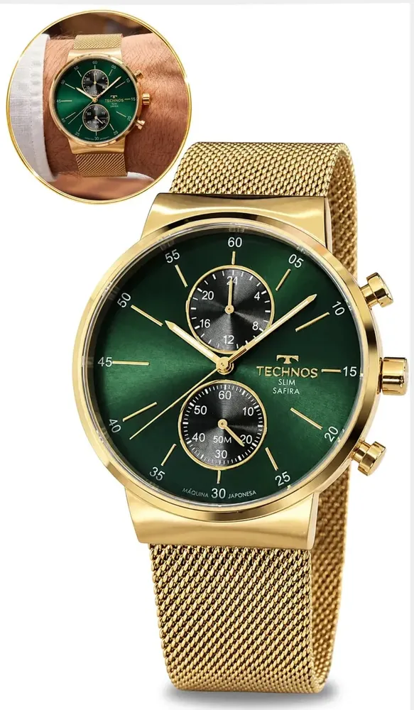 Relógio Technos Masculino Slim Safira Dourado com Mostrador Verde