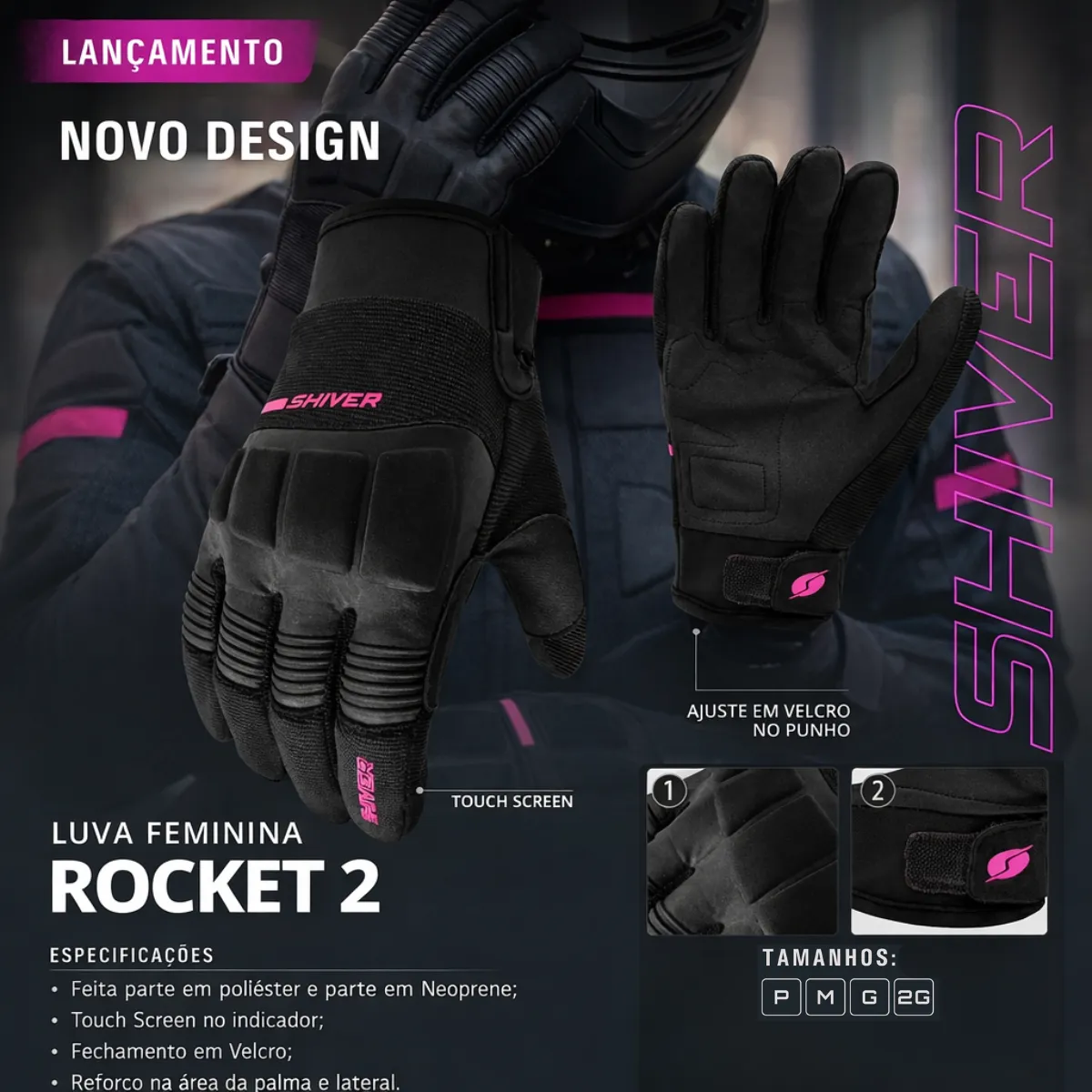 Luva Moto Shiver Rocket 2 Reforcada Feminina Tam G Frio — foto 2
