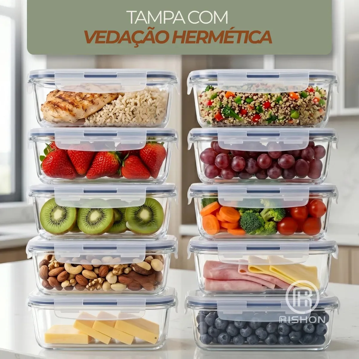 Pote Hermético de Vidro Rishon Marmita Freezer Fitness 370ml Kit 10