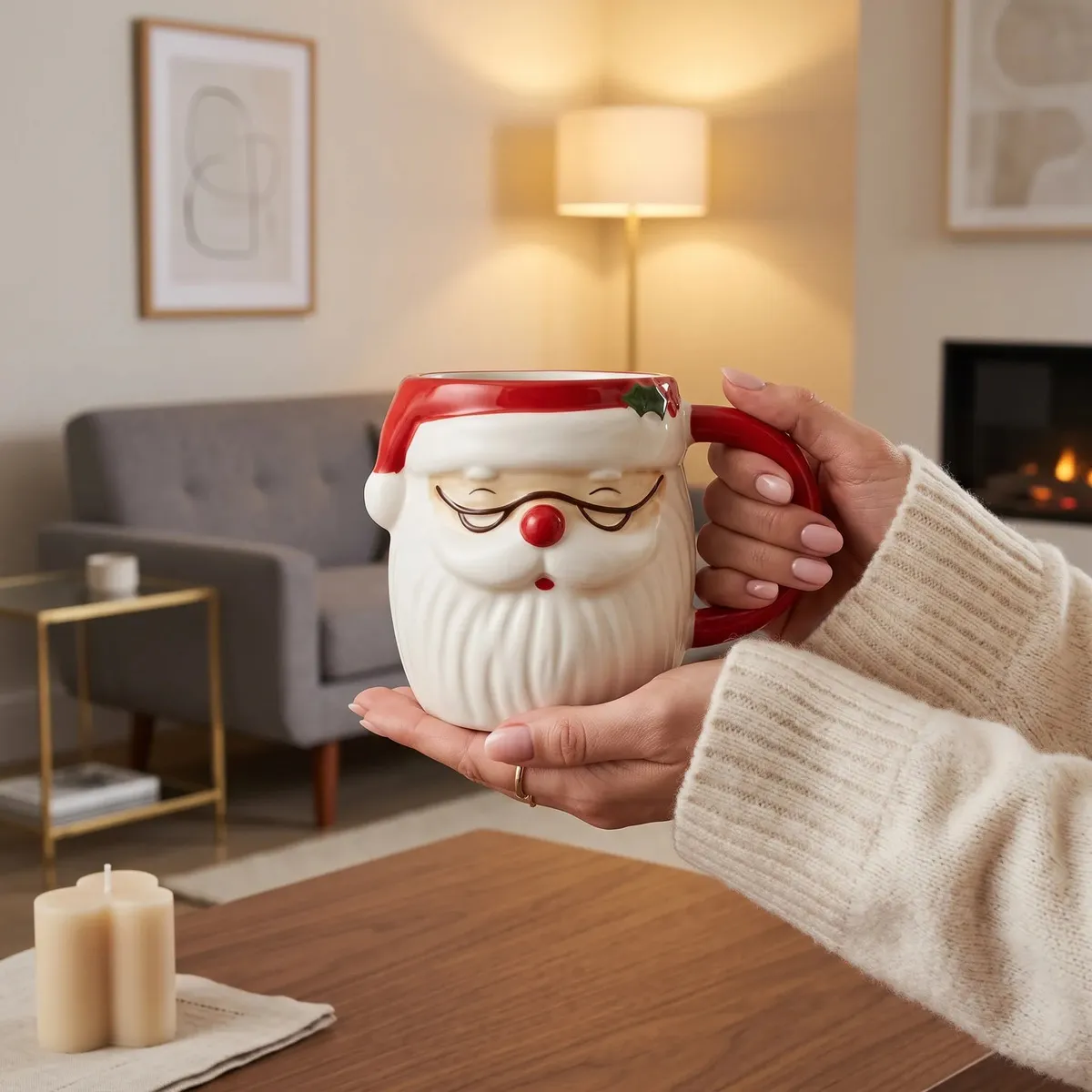 Caneca Porcelana Natal Enfeite Presente Papai Noel 330 Ml Branco Vermelho Noel De Oculos