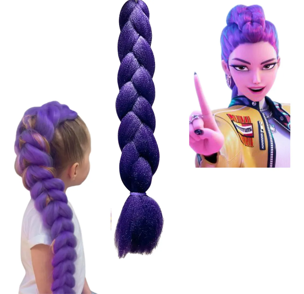 Extensões de cabelo roxo trançado estilo K-pop Warrior, ideais para fantasias de Halloween, cosplay, apresentações, shows, festas, caracterizações e sessões de fotos