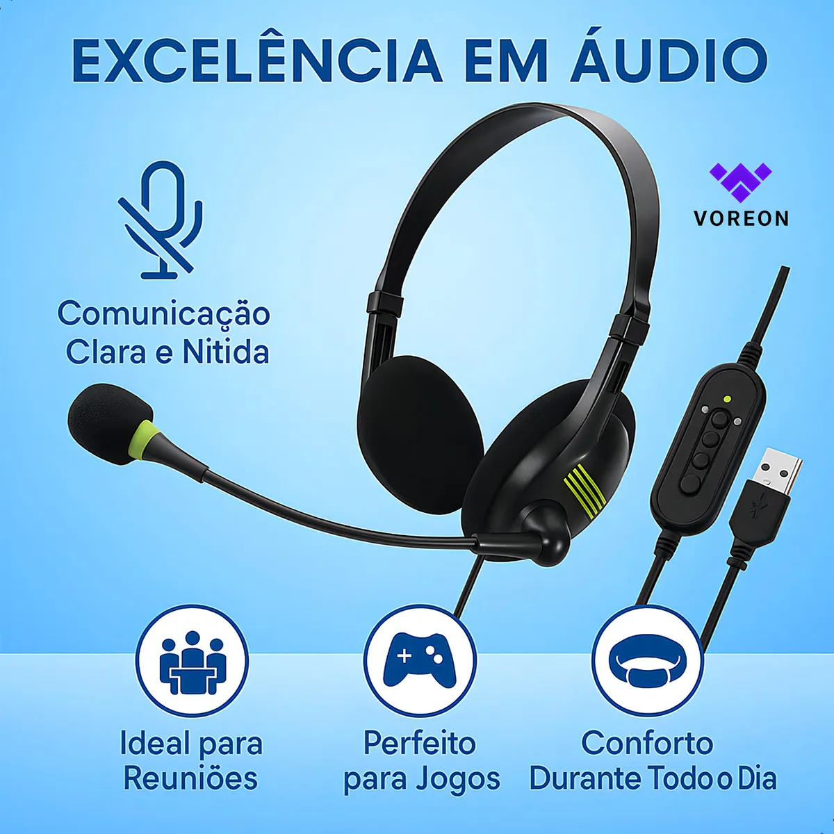 Fone De Ouvido Headset Office Usb Microfone Reunião Empresa Call Computador Telefone Pc Notebook Microfone Para Reunião Home Office Jogos Trabalho Empresa Marca Voreon - Imagem 3
