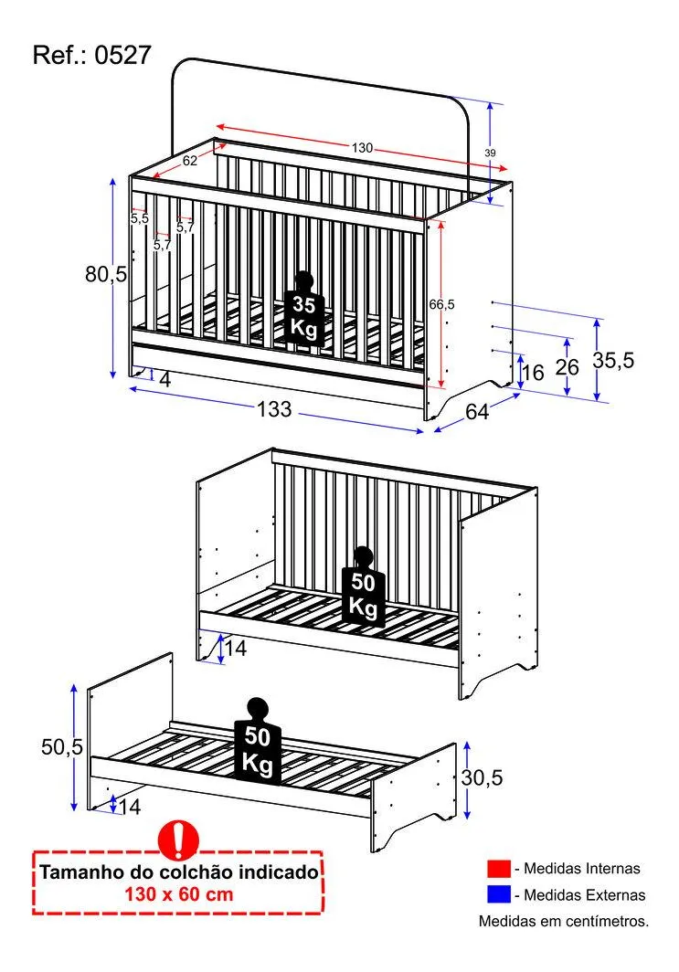 Berço 3 em 1 para Colchão 60 x 130cm vira sofá e minicama 3 anos de garantia Multimóveis Branco - Imagem 2