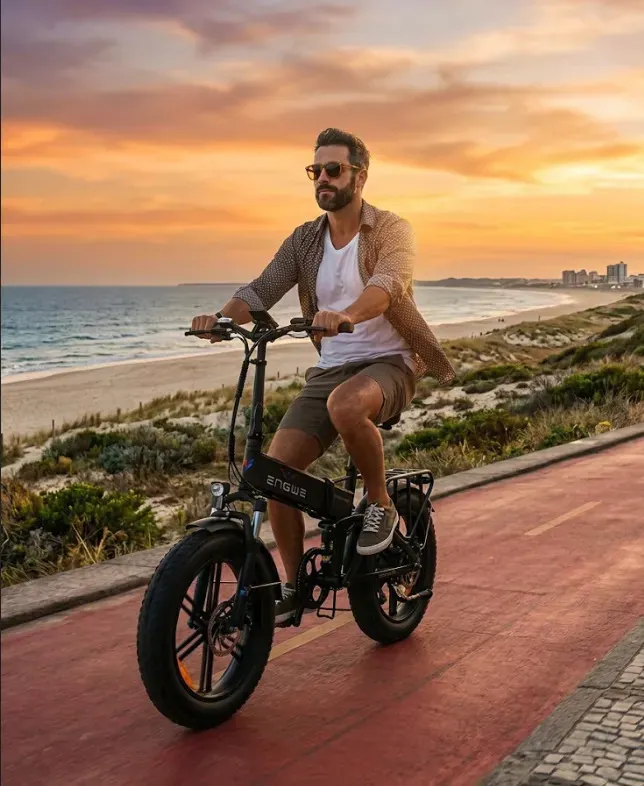 Homem em óculos de sol e camisa xadrez pilotando a bicicleta elétrica Engwe preta em uma ciclovia à beira-mar ao pôr do sol.