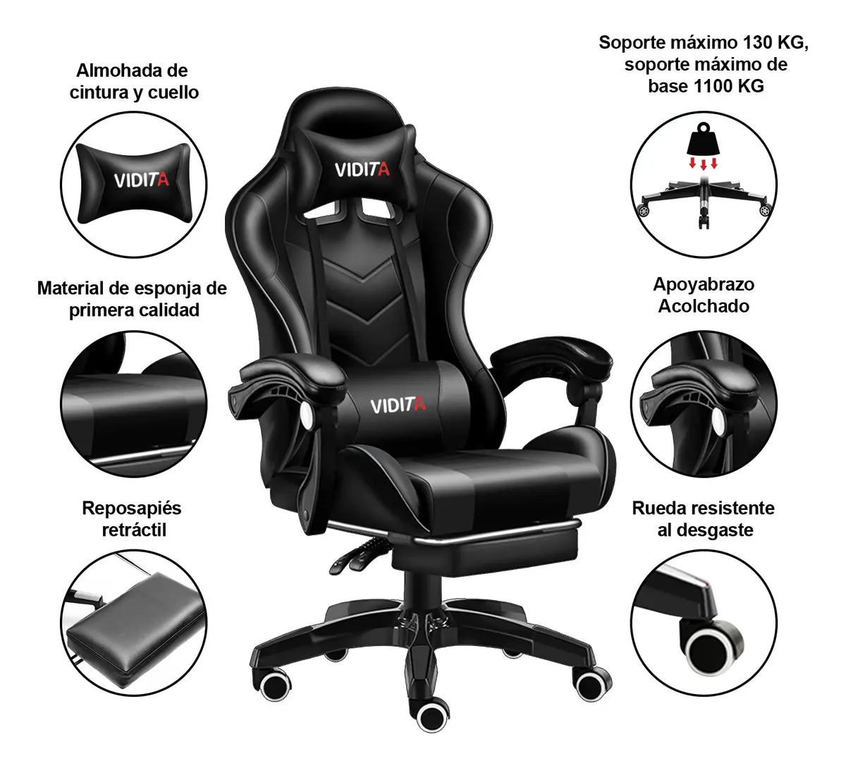 Silla Gamer Vidita Gx2000 Ergonómica Presidencial Reclinable Negra Con Reposapiés Videojuego Pc Profesional Negro Cuero Sintético