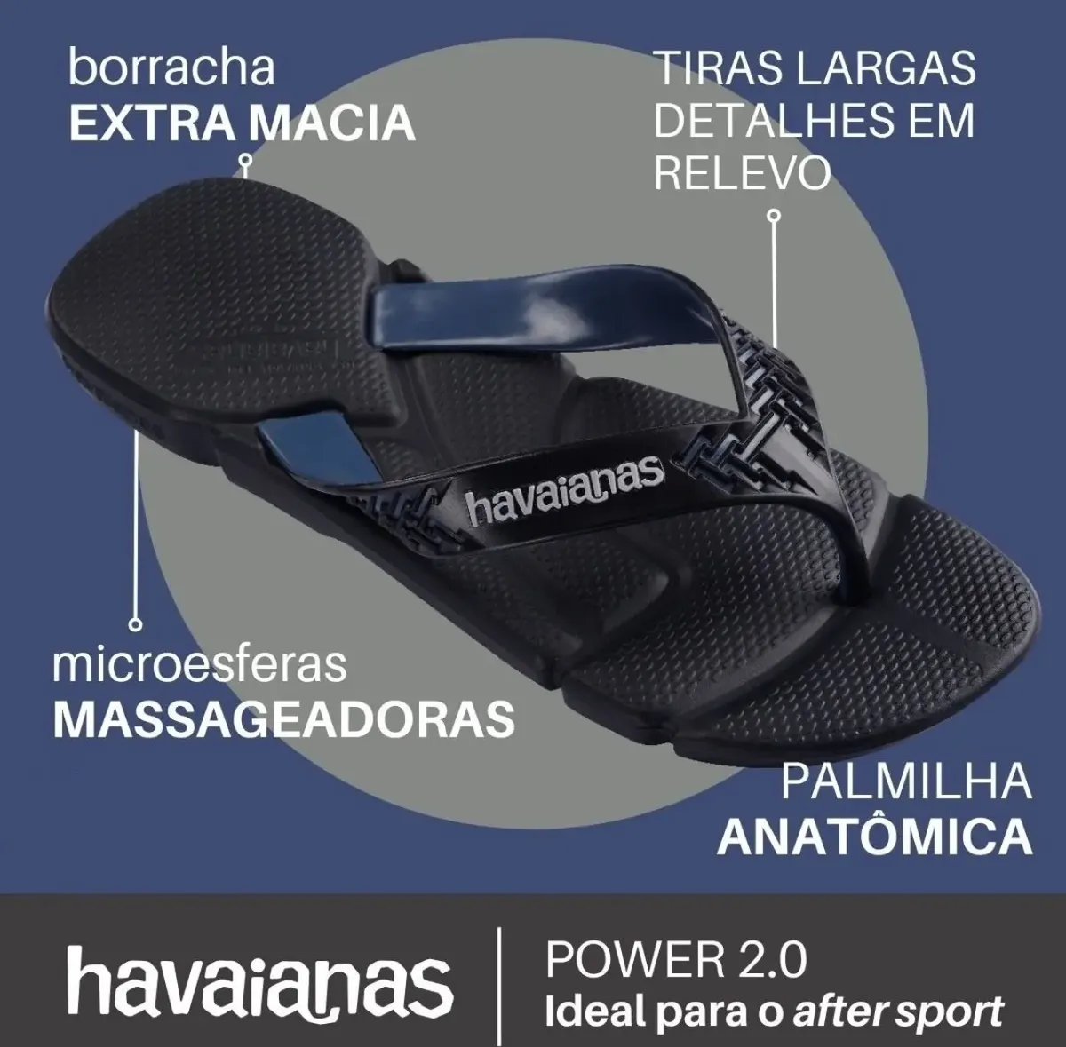 Imagem ilustrativa destacando a borracha extra macia, microesferas massageadoras e palmilha anatomica do chinelo
