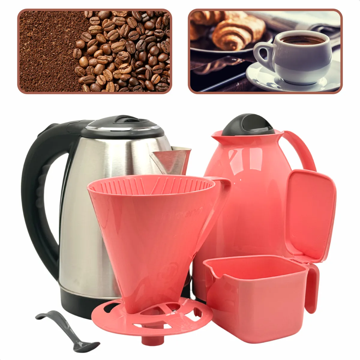 Kit Café Prático Chaleira Inox + Garrafa Térmica Filtro Pre
