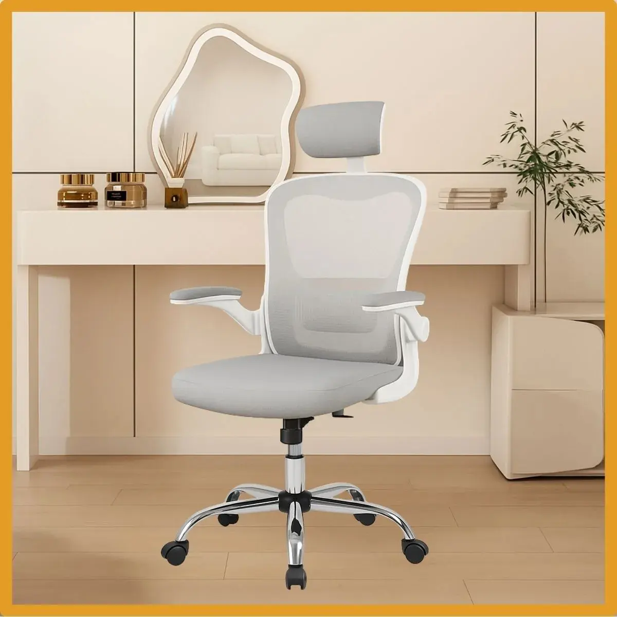 Vista frontal da cadeira de escritório Boston G100 cinza em um ambiente decorado com espelho e decoração minimalista