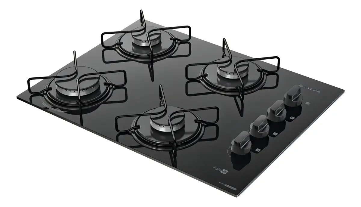 Cooktop Atlas Agile Up de 4 bocas com mesa de vidro preto em ângulo lateral