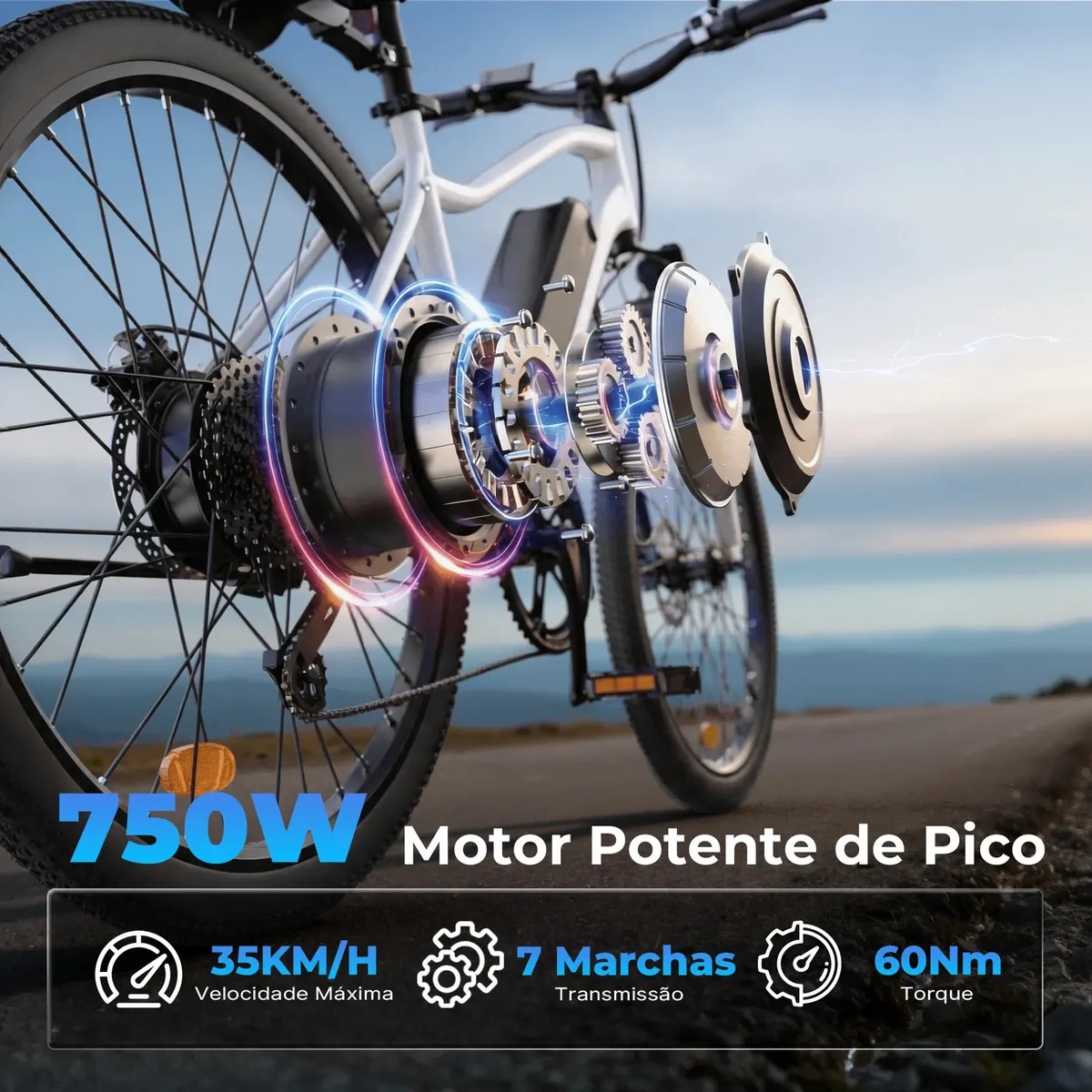 Close no motor da bicicleta elétrica com visualização técnica das engrenagens