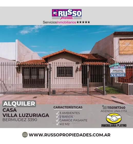 Alquiler Casa 3 Ambientes Villa Luzuriaga