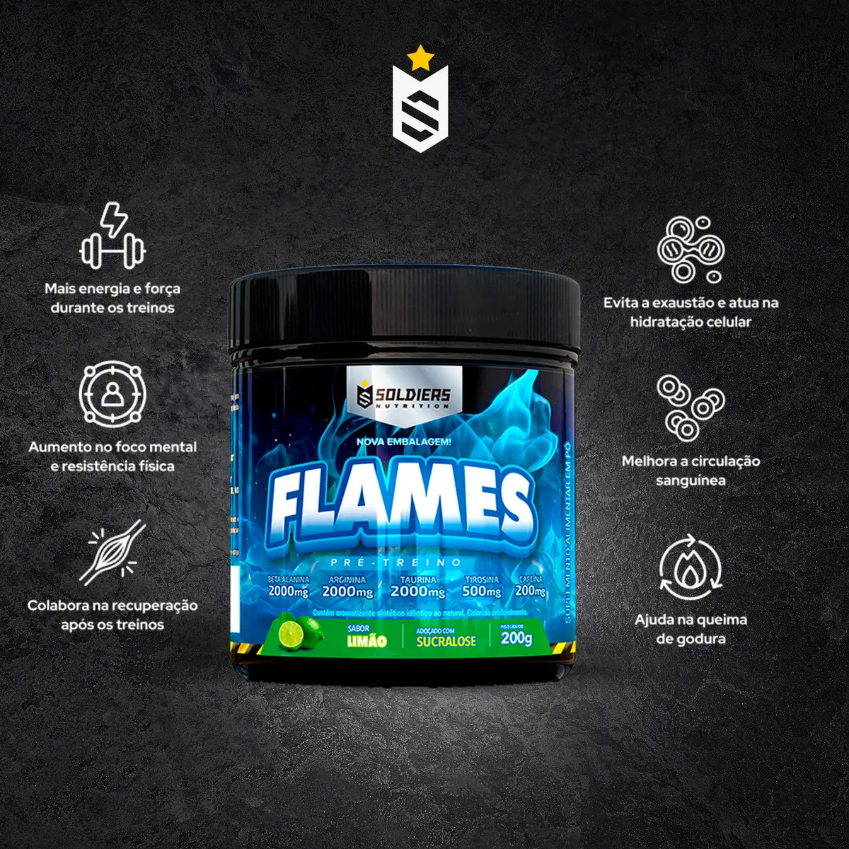 Pré Treino Flames 200g Workout Termogênico Sabor Limão Soldiers Nutrition Energia Foco Treino