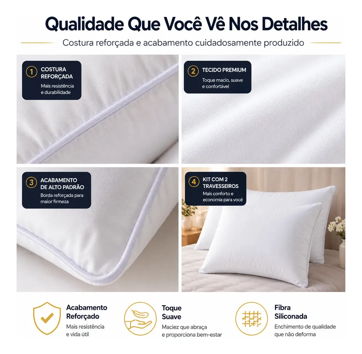 Kit 02 Travesseiros Antialérgico Pluma De Ganso Sintética 70cm X 50cm Cor Branco — foto 6