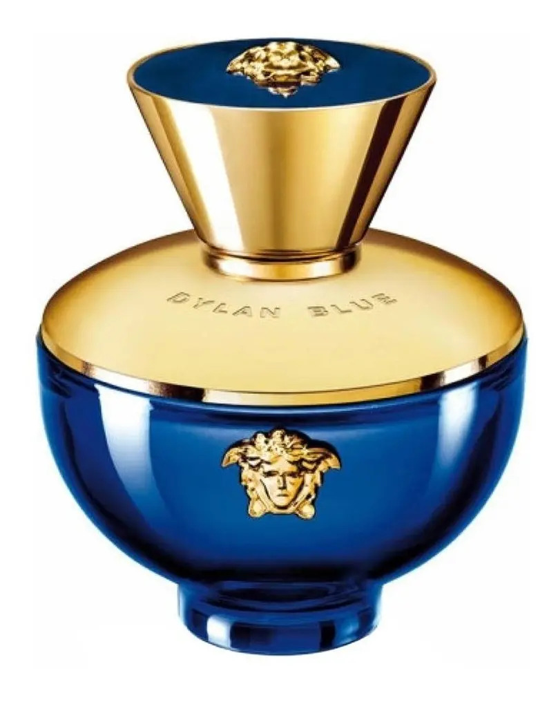 Frasco de perfume Versace Dylan Blue Pour Femme de 50ml, com design arredondado em vidro azul profundo, tampa dourada e emblema da Medusa em relevo dourado no centro.