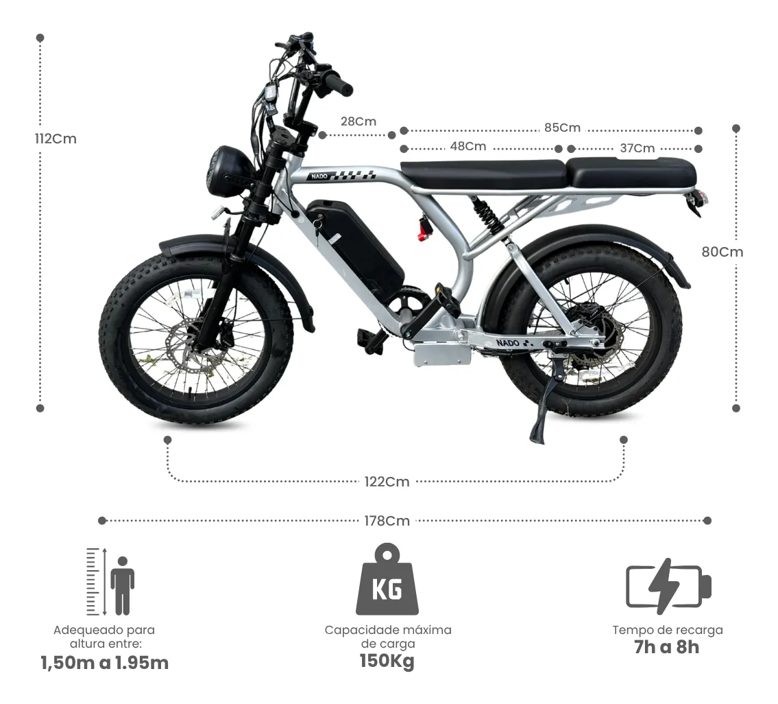Bicicleta elétrica Nado K3 prateada com dimensões, altura recomendada para o usuário (1.50m-1.95m), capacidade máxima de carga (150kg) e tempo de recarga da bateria (7h-8h).