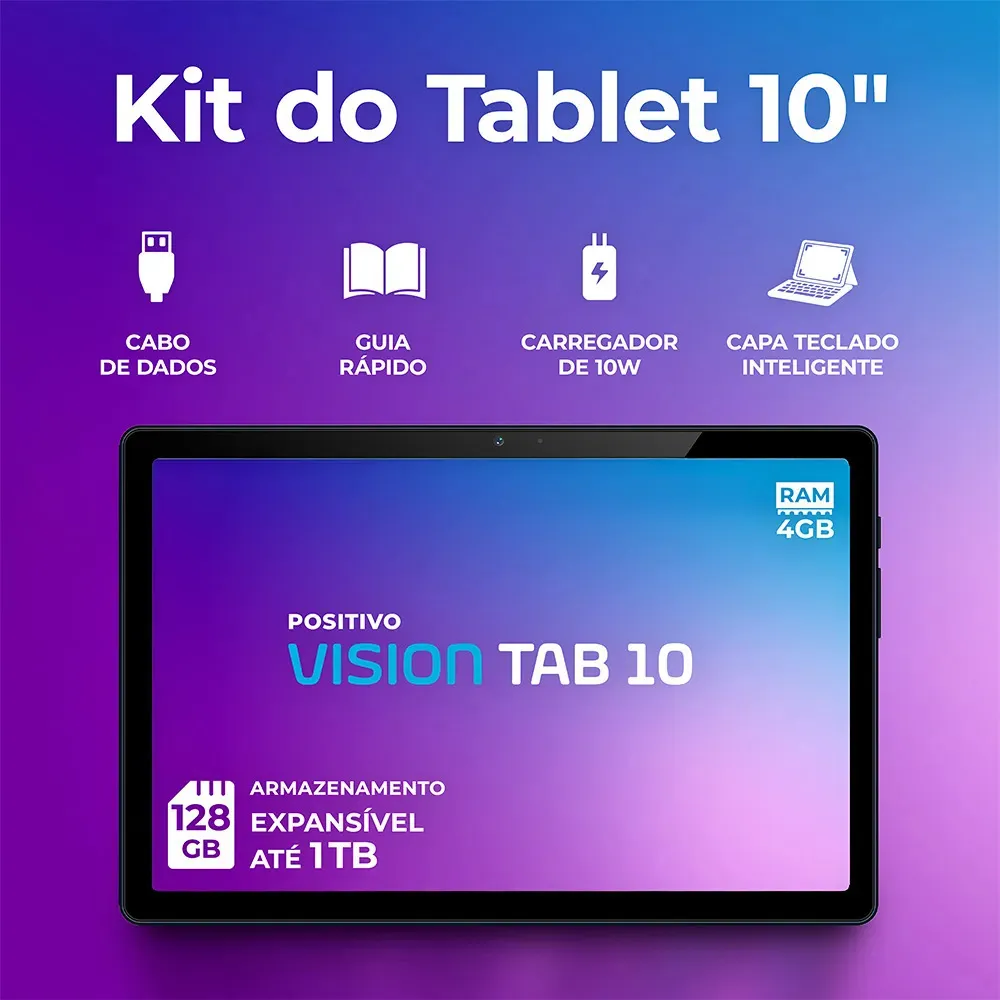Kit completo do tablet Positivo Vision Tab10 incluindo carregador, cabo de dados e capa teclado